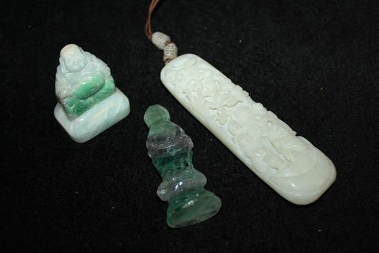 Jadeite Budai figure, quartz Guanyin and a white stone scroll weight